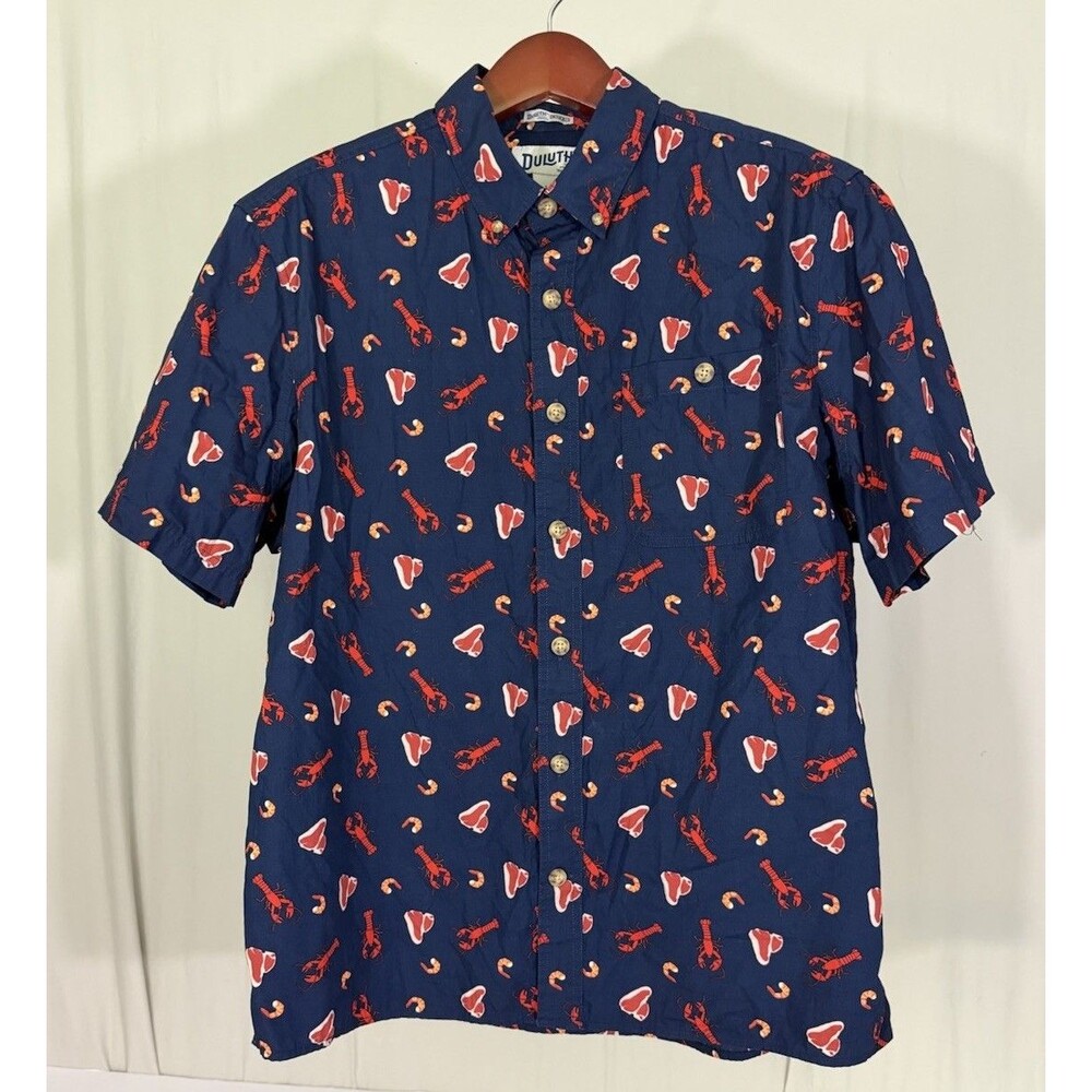 Duluth Shirt Mens L Blue Steak Lobster Polo Button Up Short Sleeve Surf N Turf